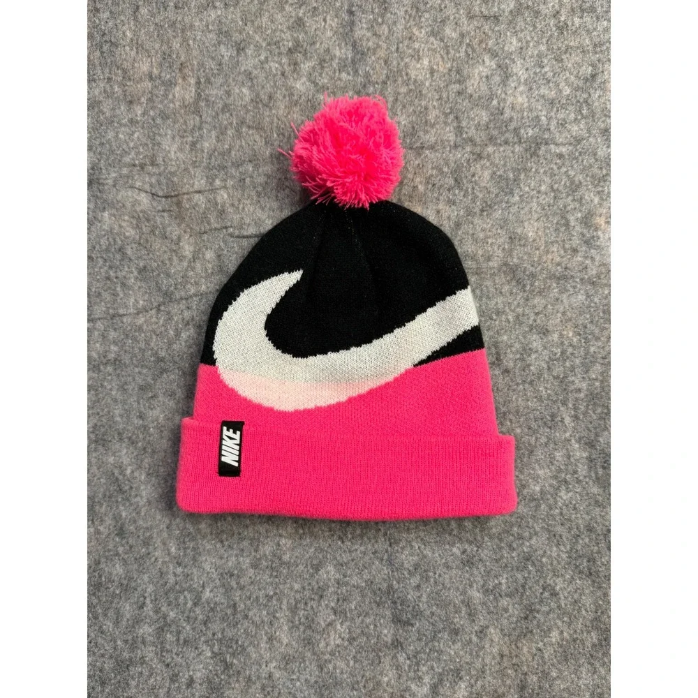 Nike Youth Beanie Pom Pom Black Pink White‎ Swoosh Logo Winter Hat